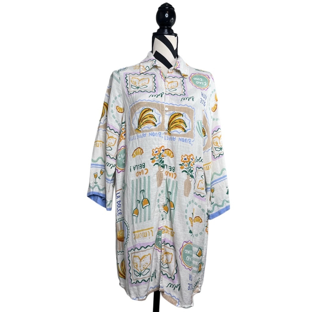 Label of Love Sz S Tropical Boho Linen Blend 3/4 Sleeve Button Front Tunic Top